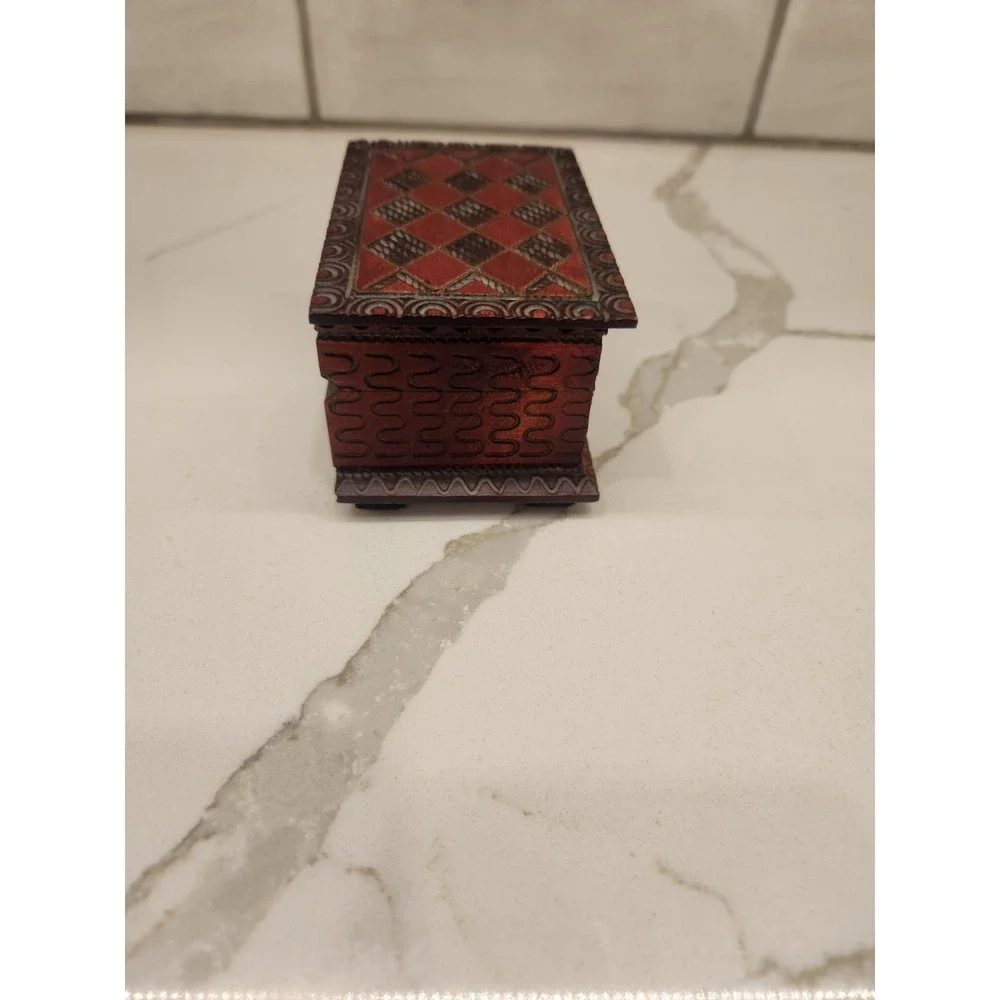 Vintage Wooden Hand Carved Polish Trinket Jewelry Storage Box Made In Poland